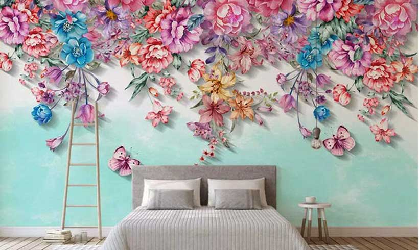 کاغذ دیواری سه بعدی طرح گل اتاق خواب