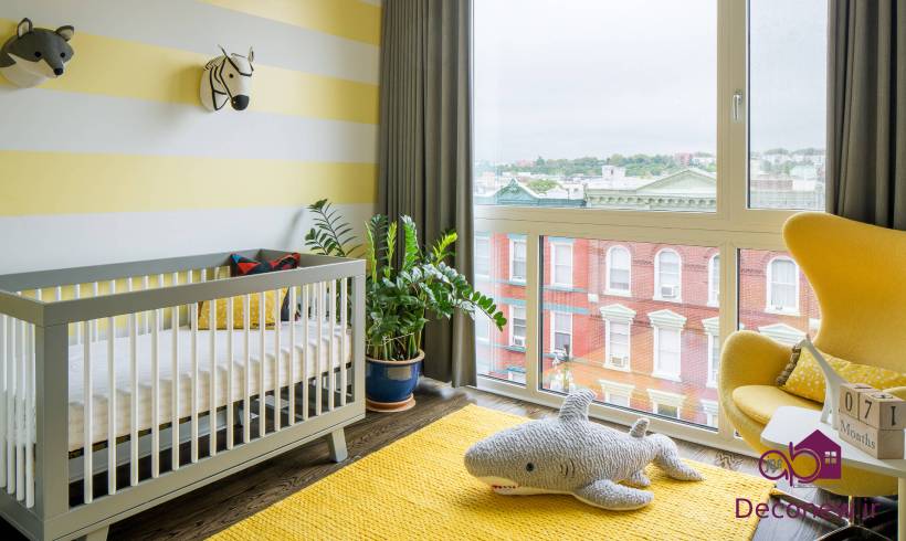 اتاق نوزاد خاکستری زرد کوچک
