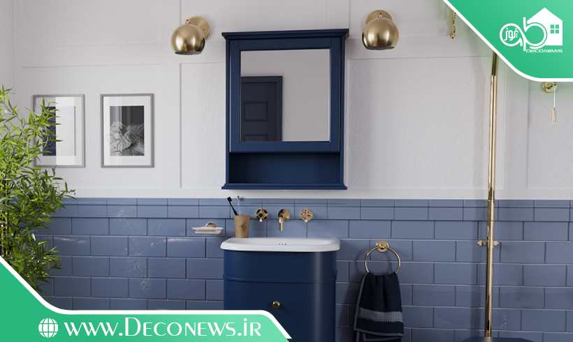 چیدمان آبی طلایی حمام سرویس بهداشتی