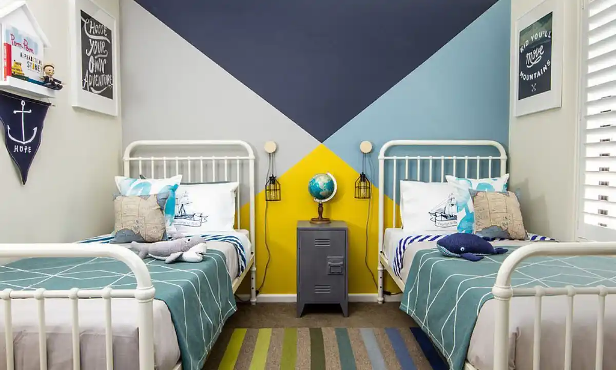 رنگ برای اتاق خواب پسرانه زرد، خاکستری و آبی