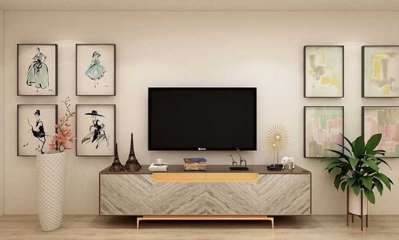 دیزاین کنار میز تلویزیون با تابلوی نقاشی